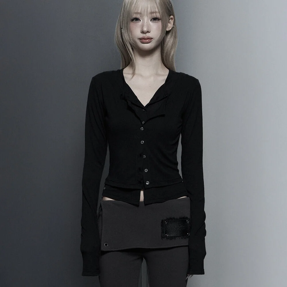 U-Neck Double Button layered Cardigan (Black)