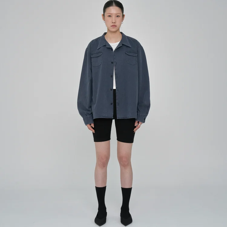 Washed open-collar shirt, navy