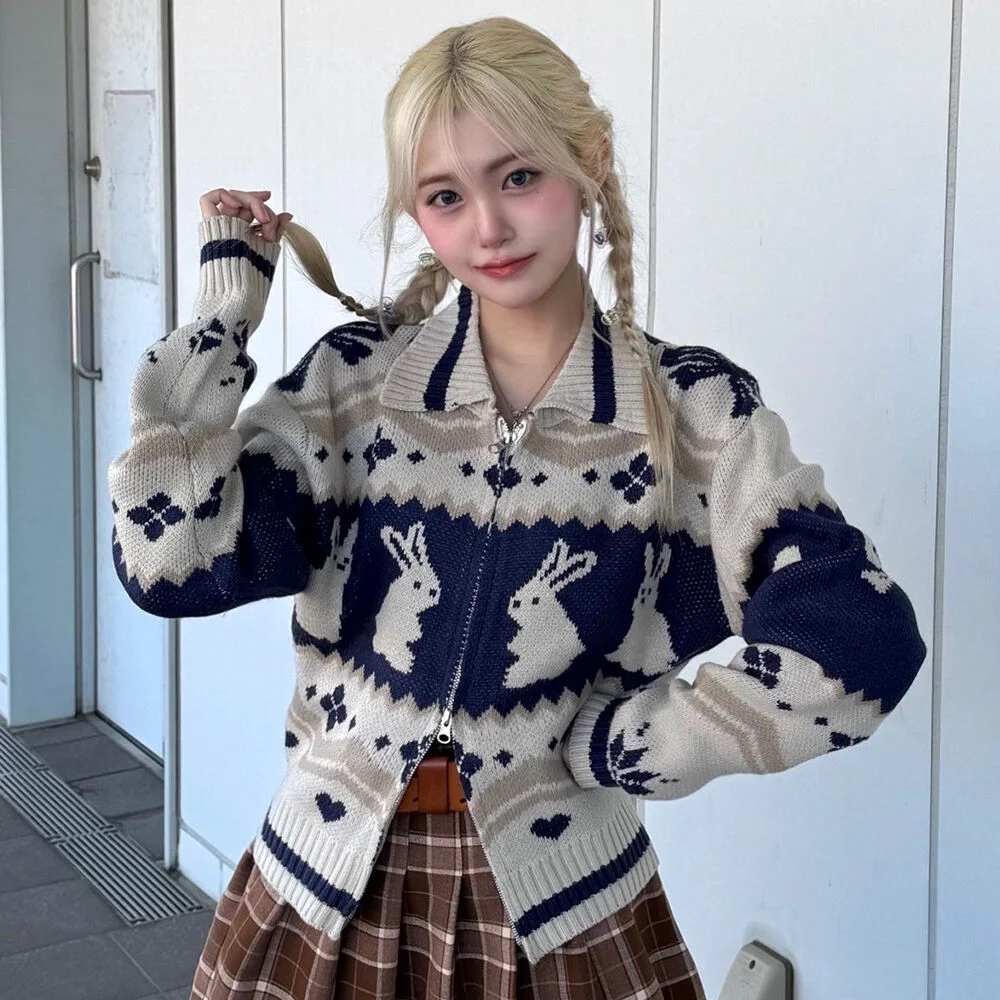 Bunny 短版 拉鏈 針織衫 奶油