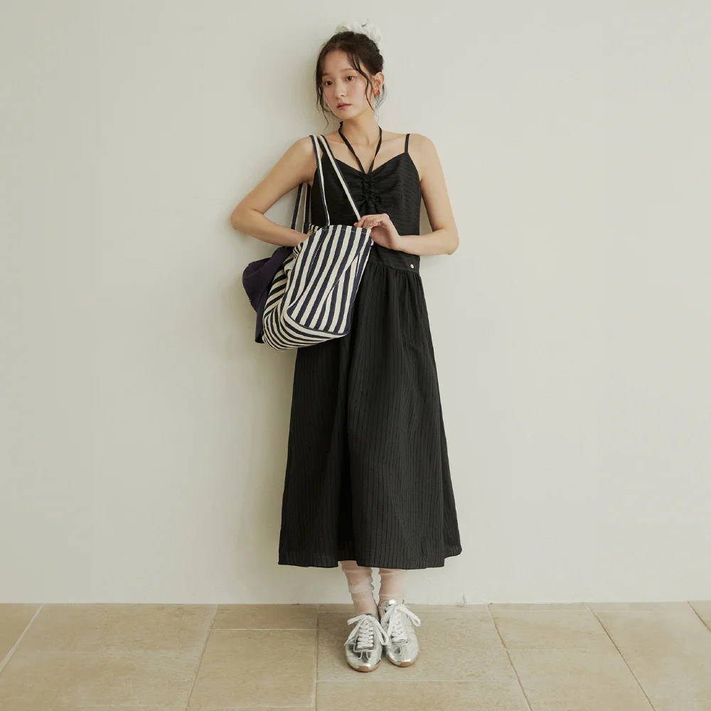 Front drawstring sleeveless long dress - deep navy