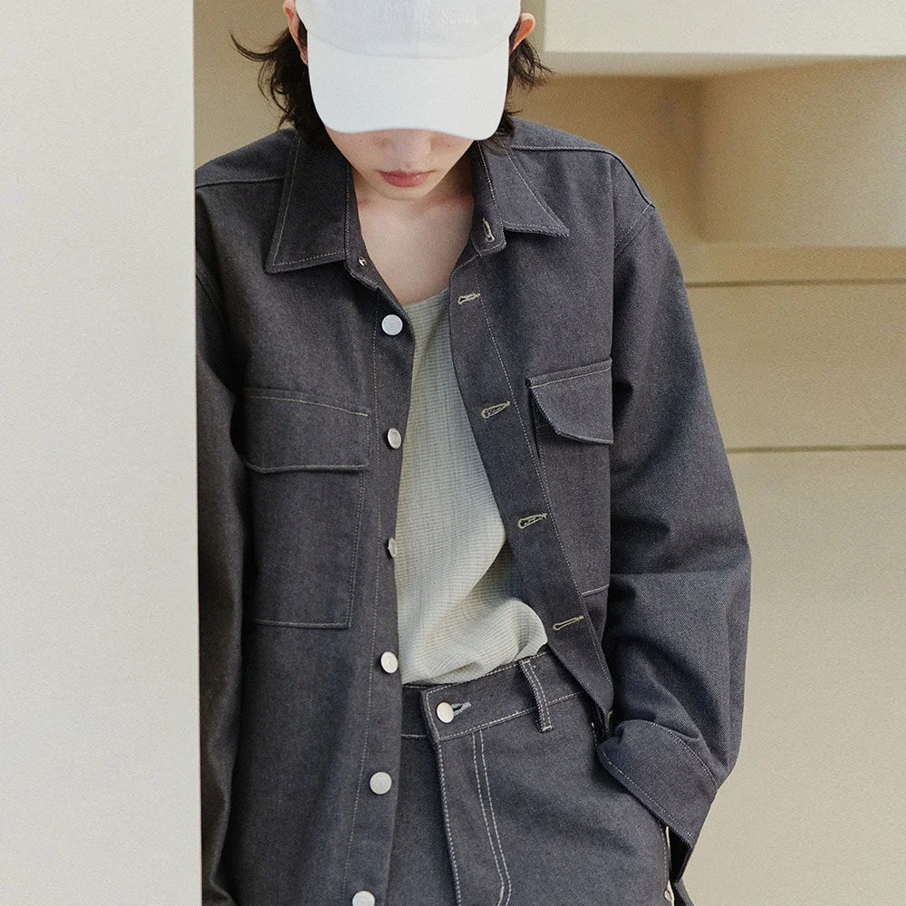 中性 線條 縫線 牛仔 襯衫 外套 W - 涼感 灰色