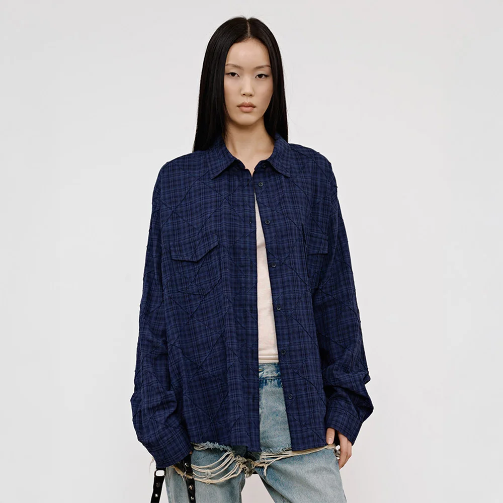DOUBLE CHECKERED OVERFIT SHIRT IN NAVY