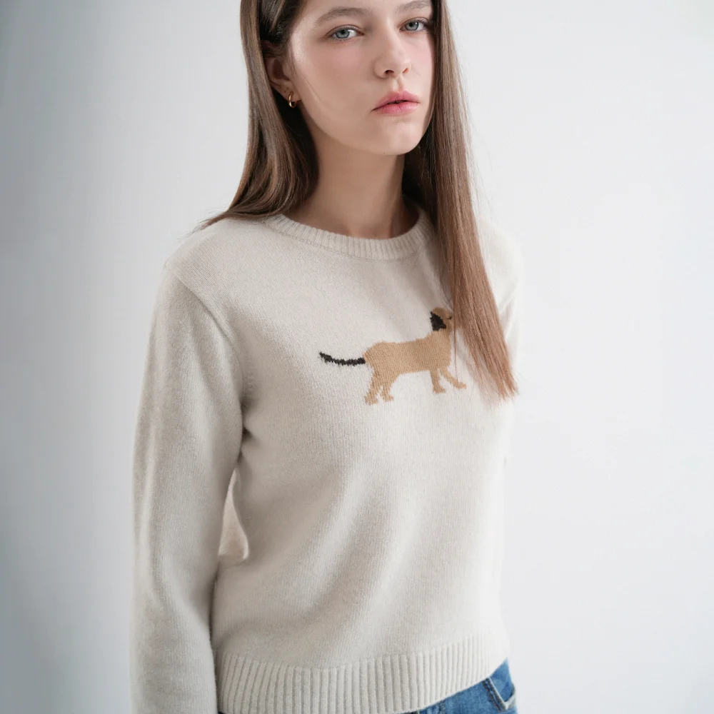 Wool 100% Puppy Slim Fit Intarsia Round Knit (Salted cream)