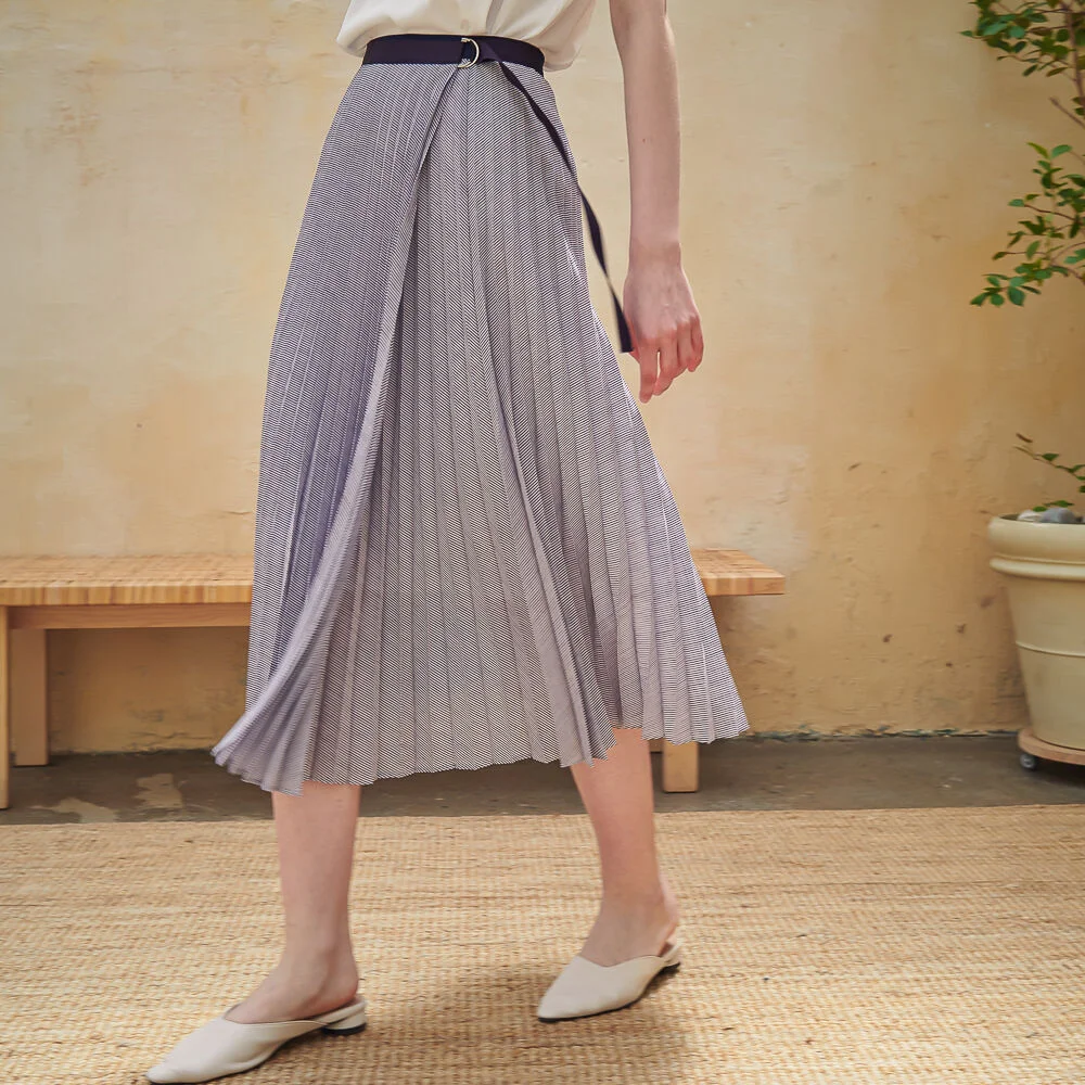 Marta Stripe Pleats Wrap Skirt_Blue