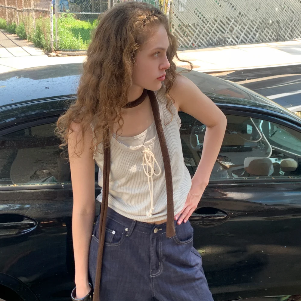 Lace-Up Ribbed Sleeveless T-Shirt (Beige)