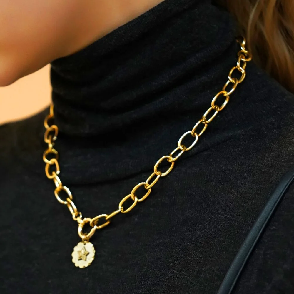 Edge pendant bold chain Necklace 星星錢幣 吊飾 醒目 金色 鏈條 頸鏈
