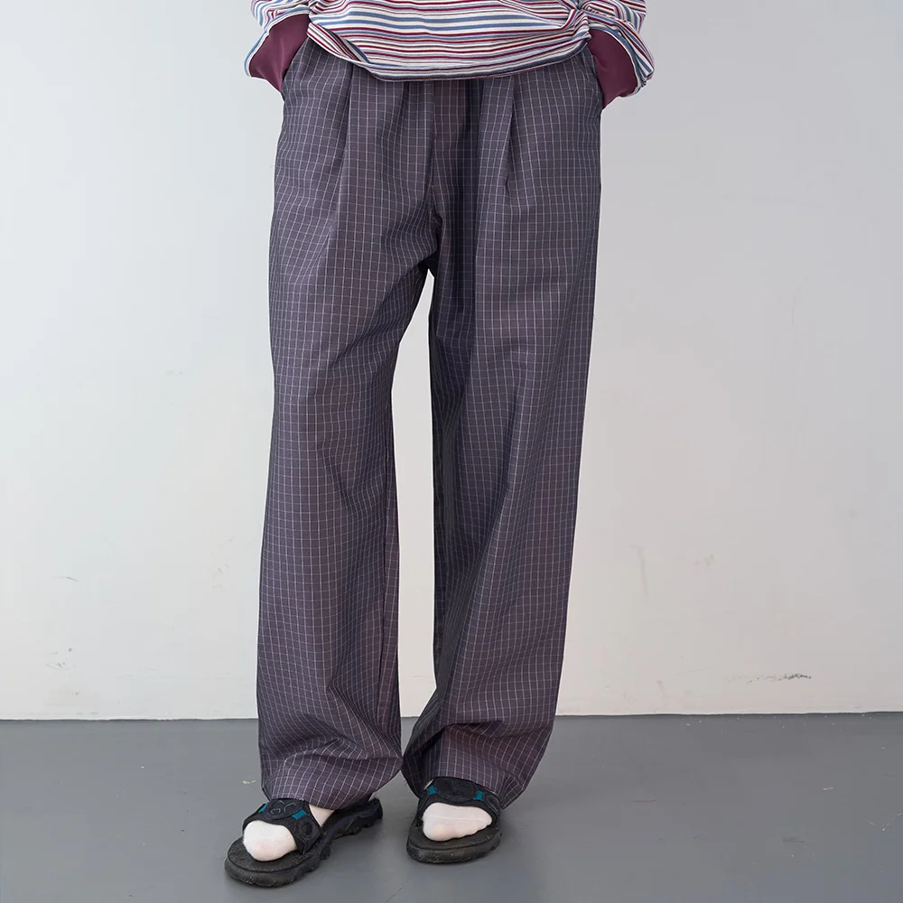 光澤 格紋 寬版 鬆緊帶 褲子 (Purple)