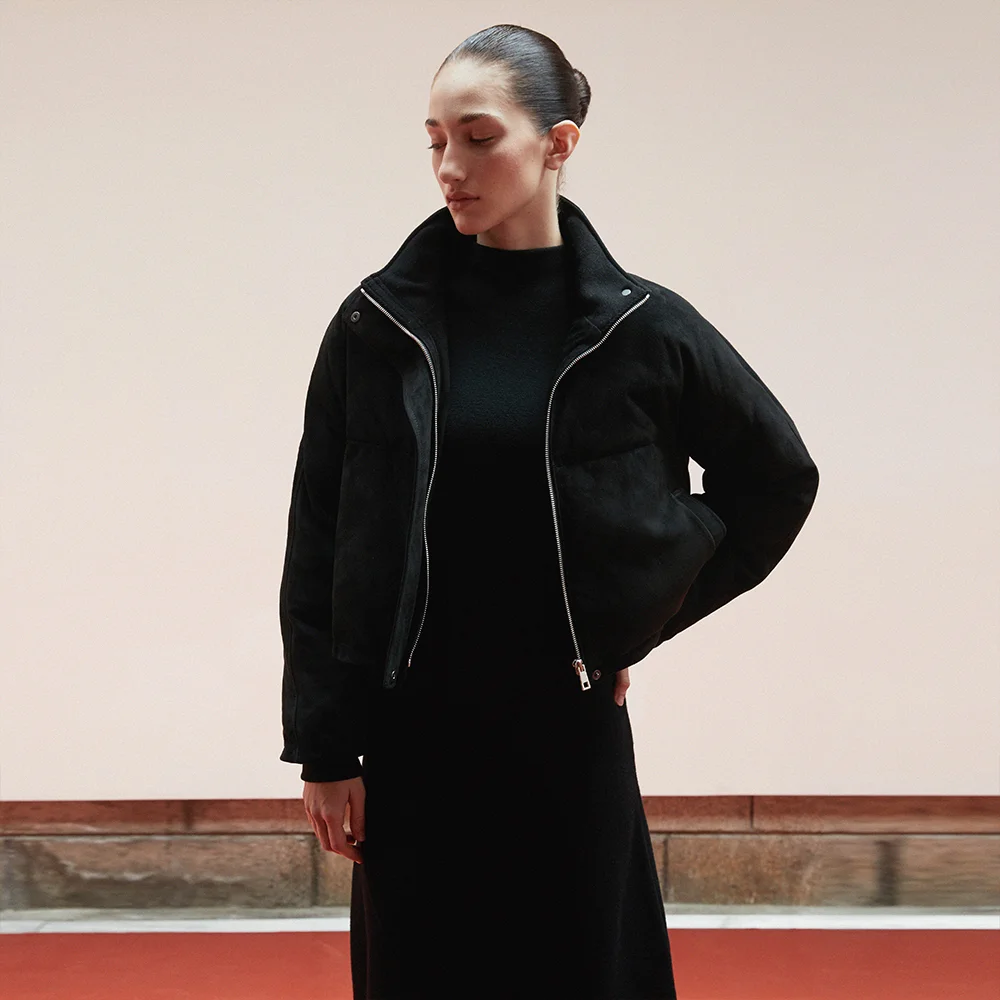 Suede Cropped Puffer Jacket_Black