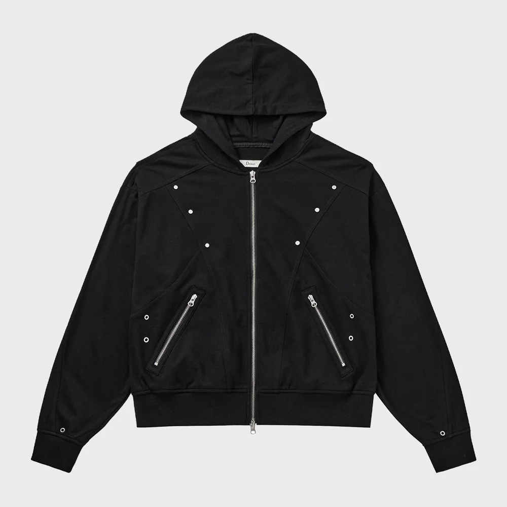 METAL DETAIL HOOD ZIP UP IN BLACK