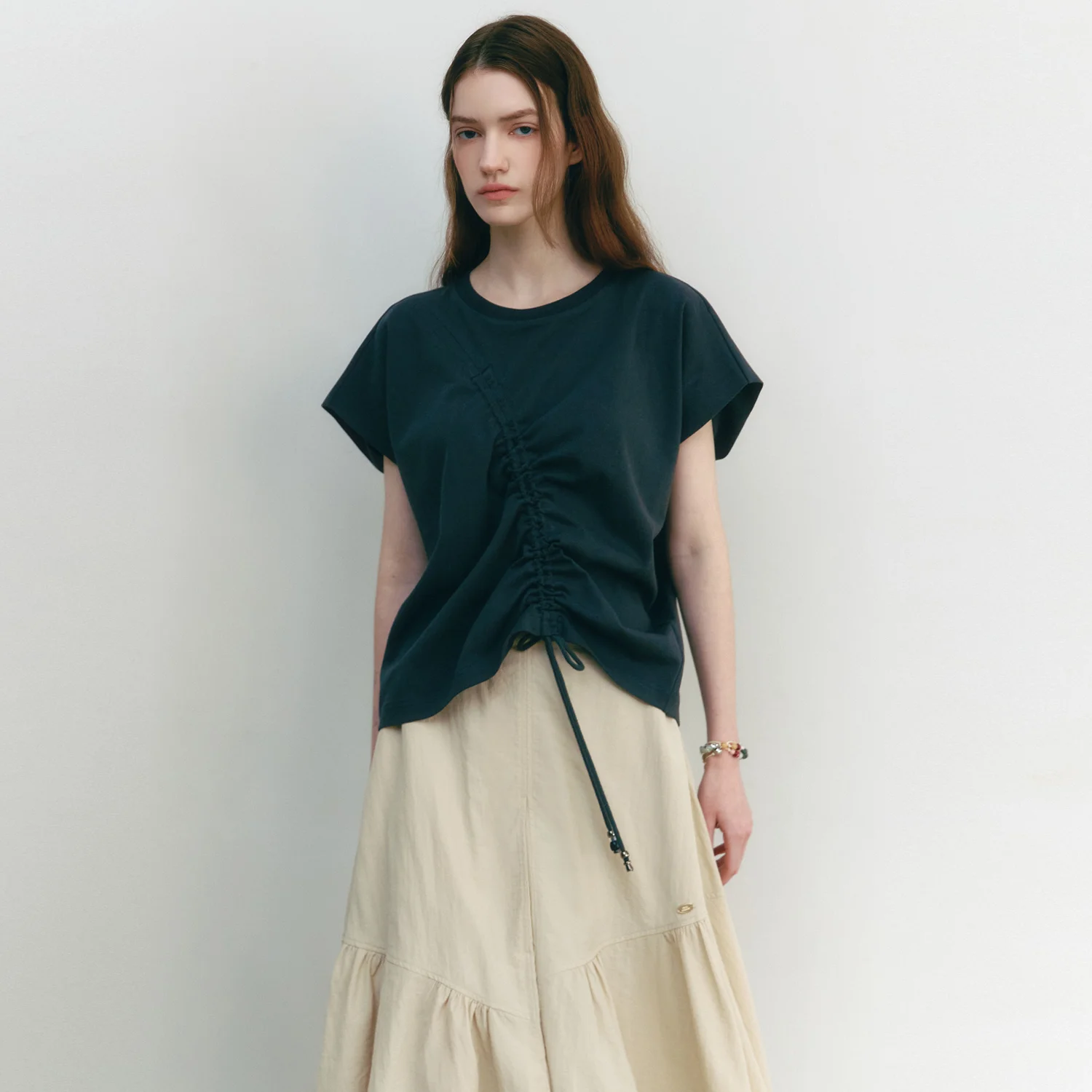 French-Sleeve Drawstring Top CHARCOAL GRAY
