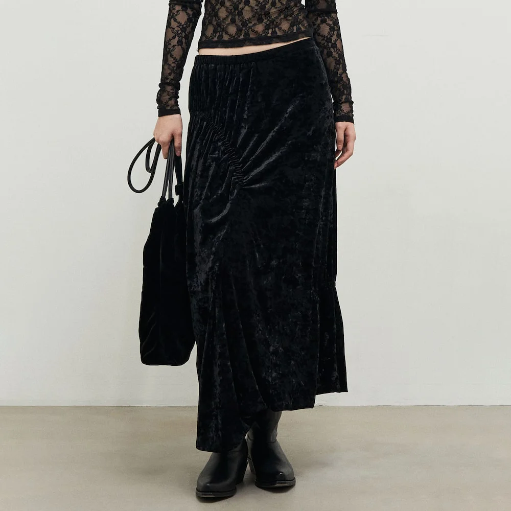 Asymmetric Washed Velvet Shirring Skirt Black (AG4X27A025)