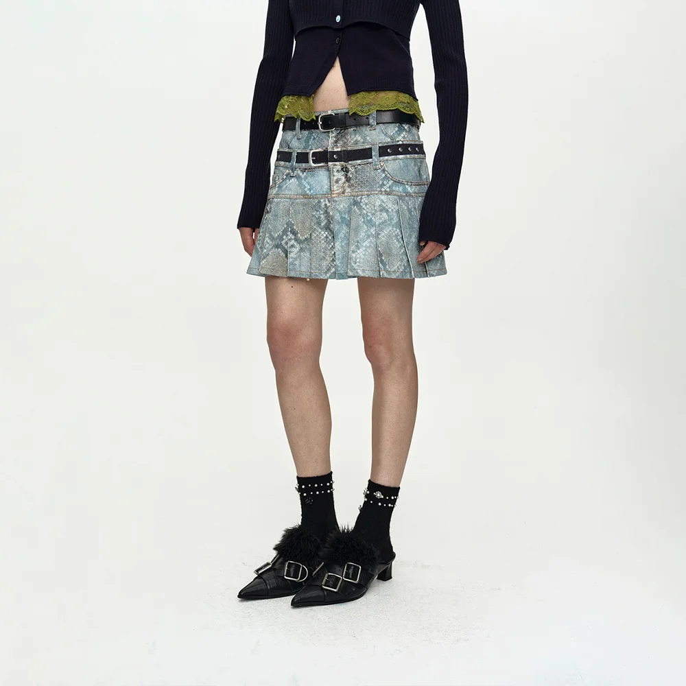 PYTHON FADE DENIM PRINTED SKIRT apa883w(BLUE)