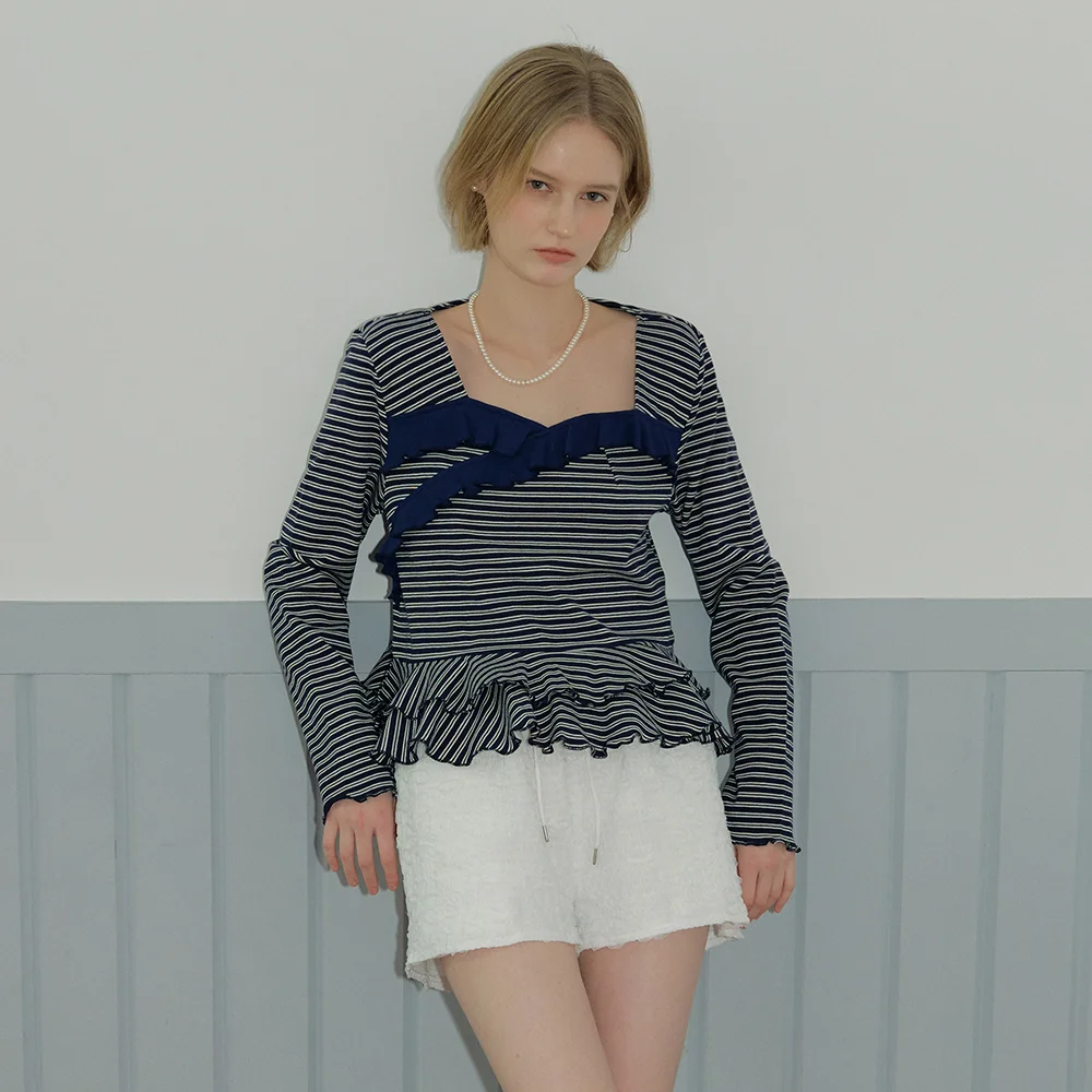 FRILL STRIPE T-SHIRT - NAVY