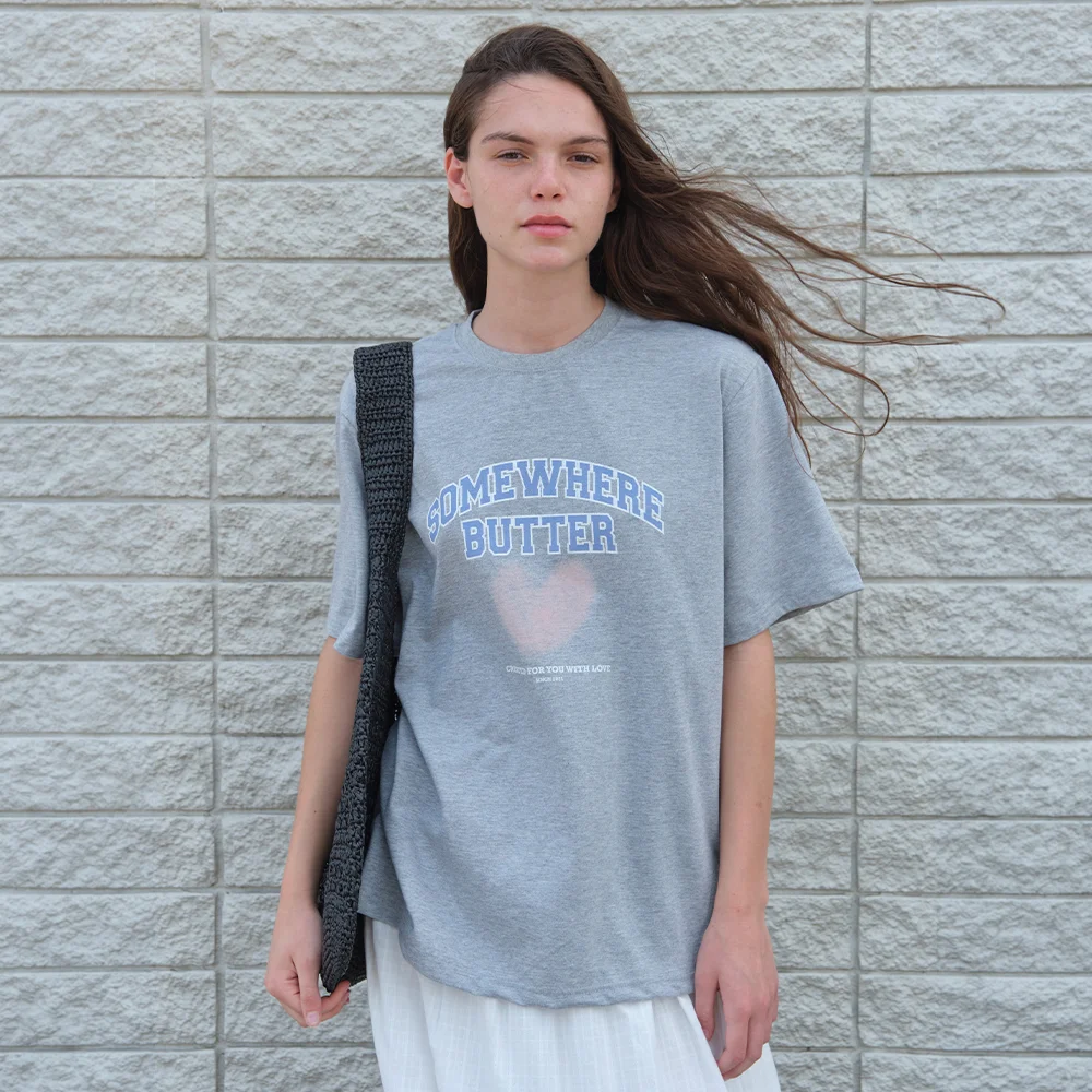 Fuzzy Heart Logo Over-Fit Top - Grey