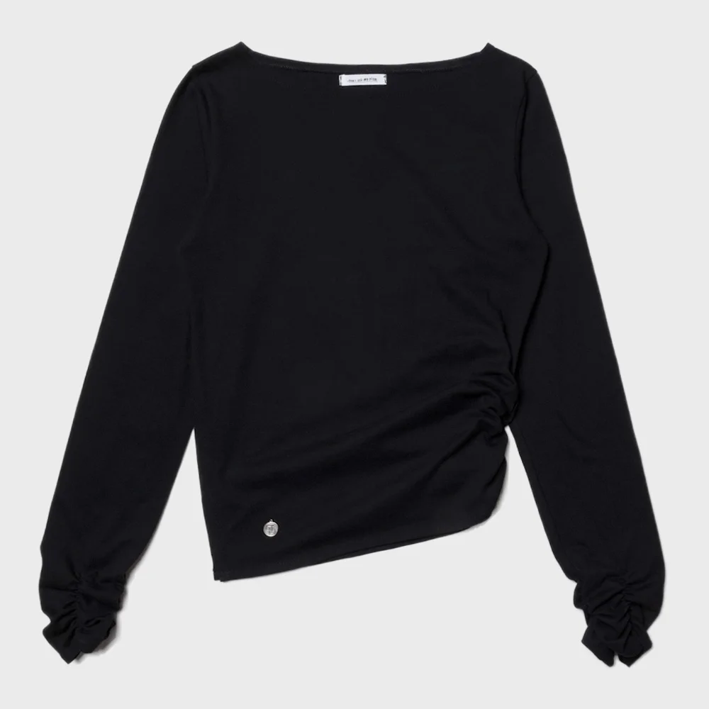 Boat-Neck Shirred Long Sleeve - Black
