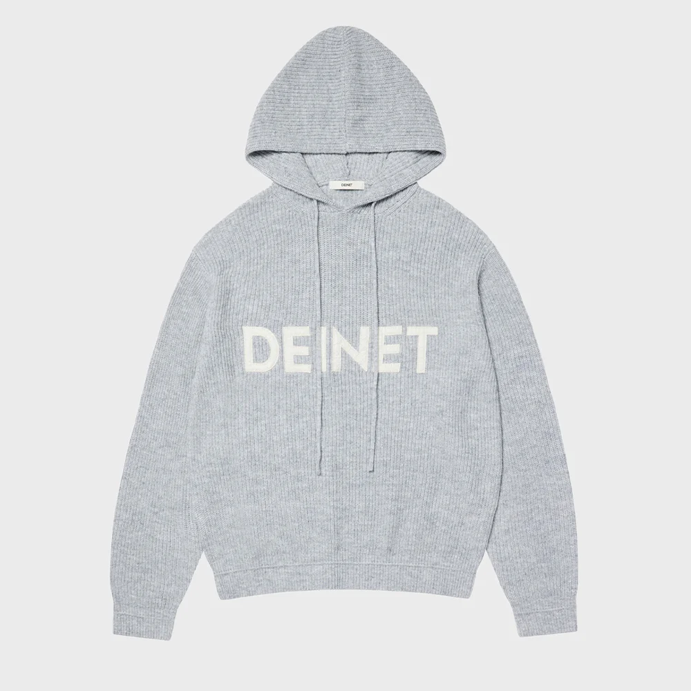 BASIC LOGO KNIT HOODIE IN MELANGE GREY