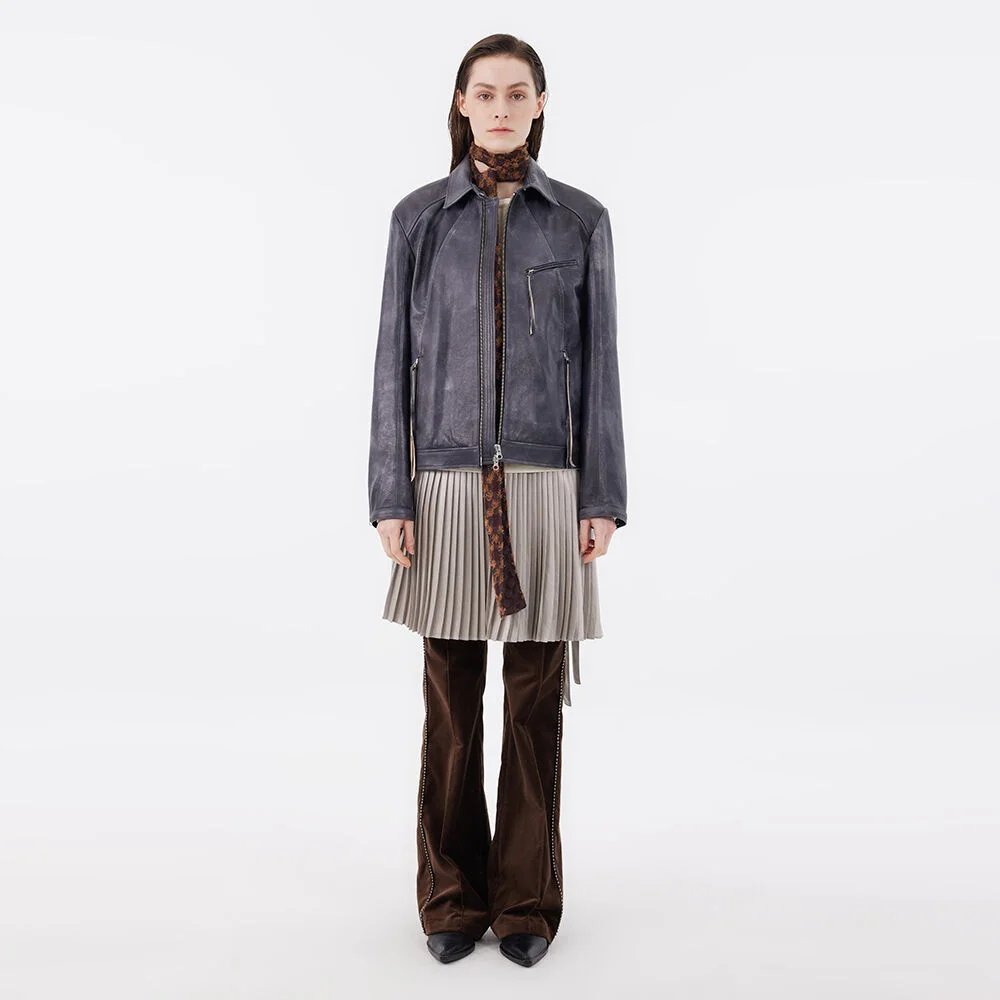 Two-Tone Leather Jacket - Charcoal Grey