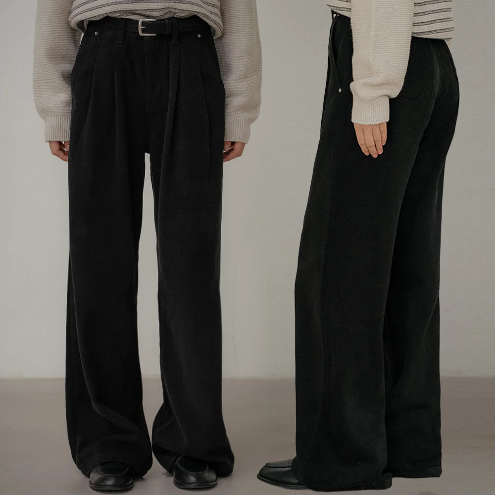 Classic tuck detail fleece denim pants _Black