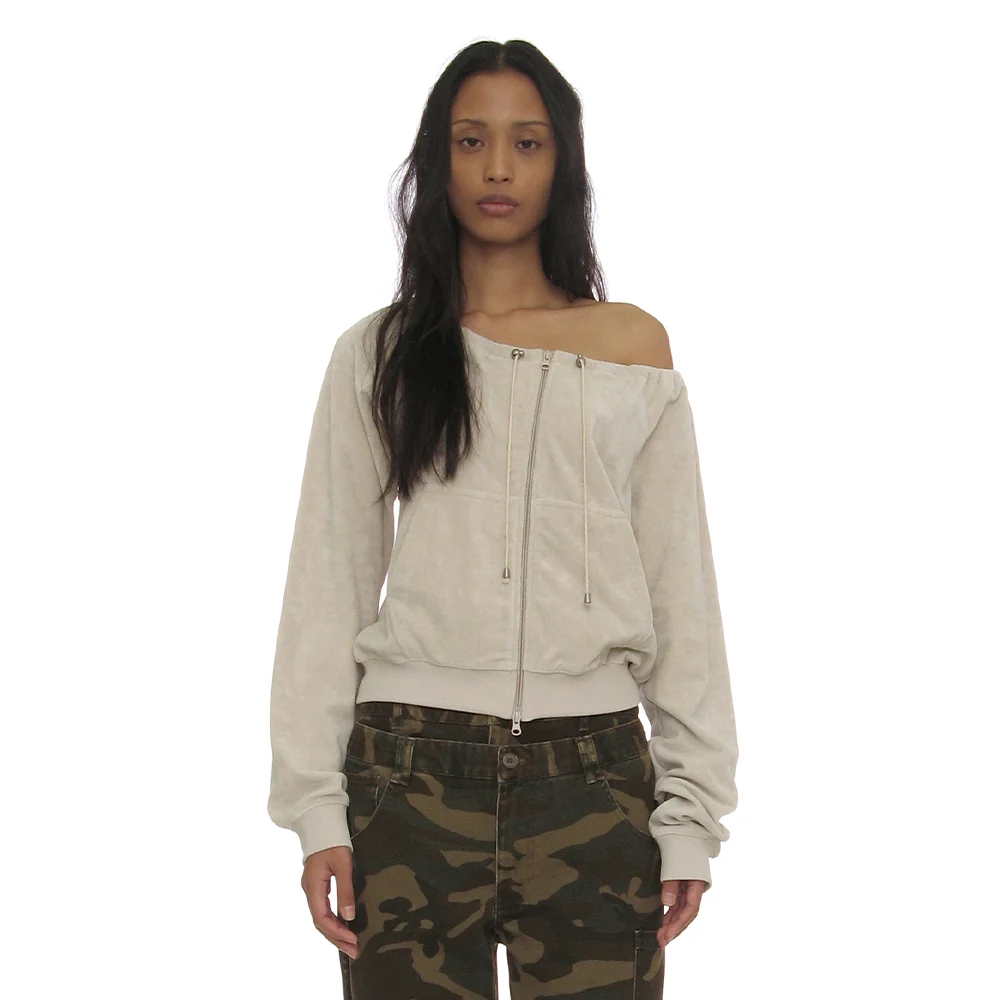 TERRY DRAWSTRING OFF-SHOULDER ZIP-UP TOP_IVORY