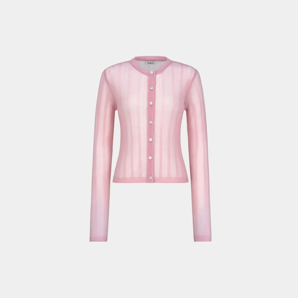 (W) RIBBED TRANSPARENT KNIT CARDIGAN - LIGHT PINK