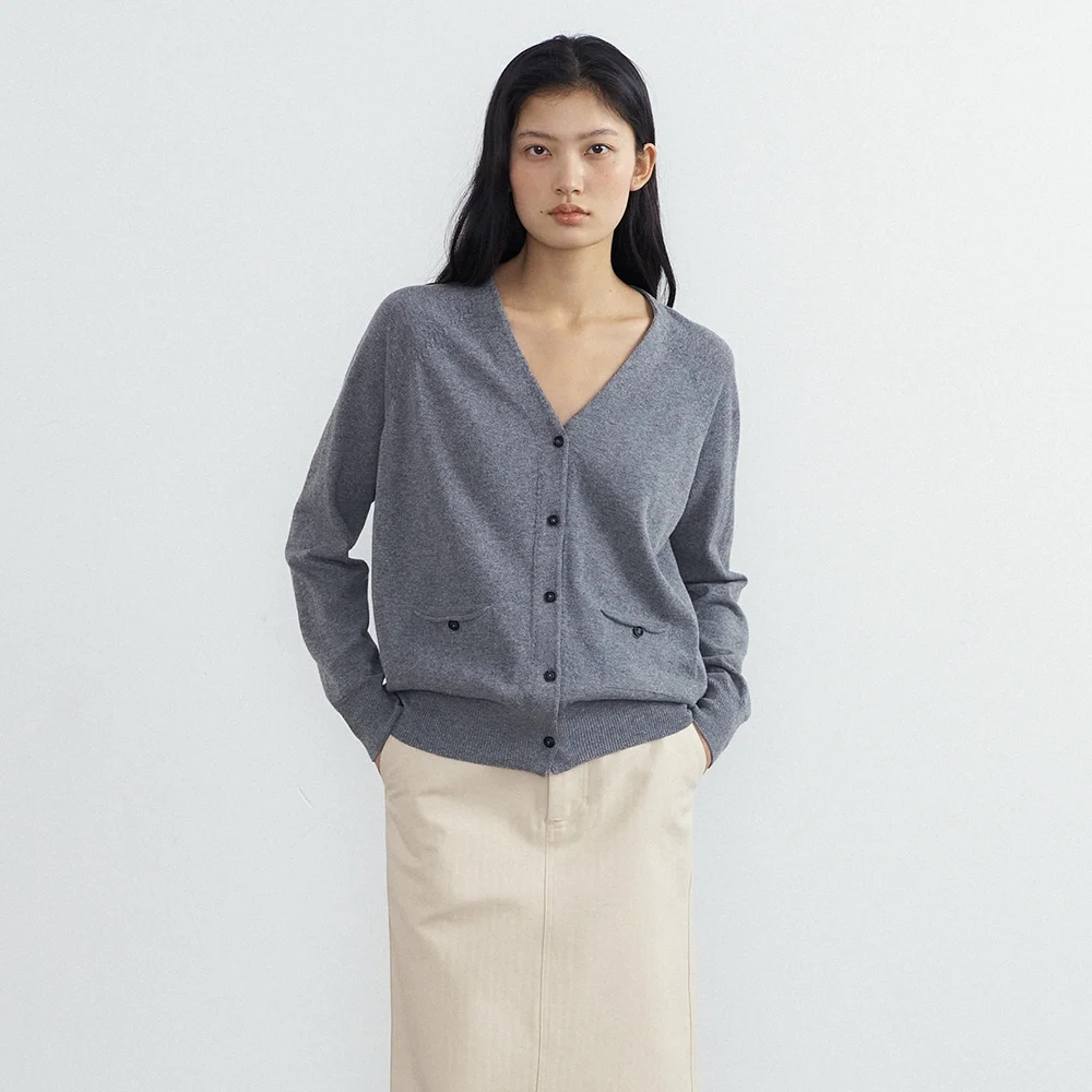 Pocket V-Neck Cardigan (Grey)