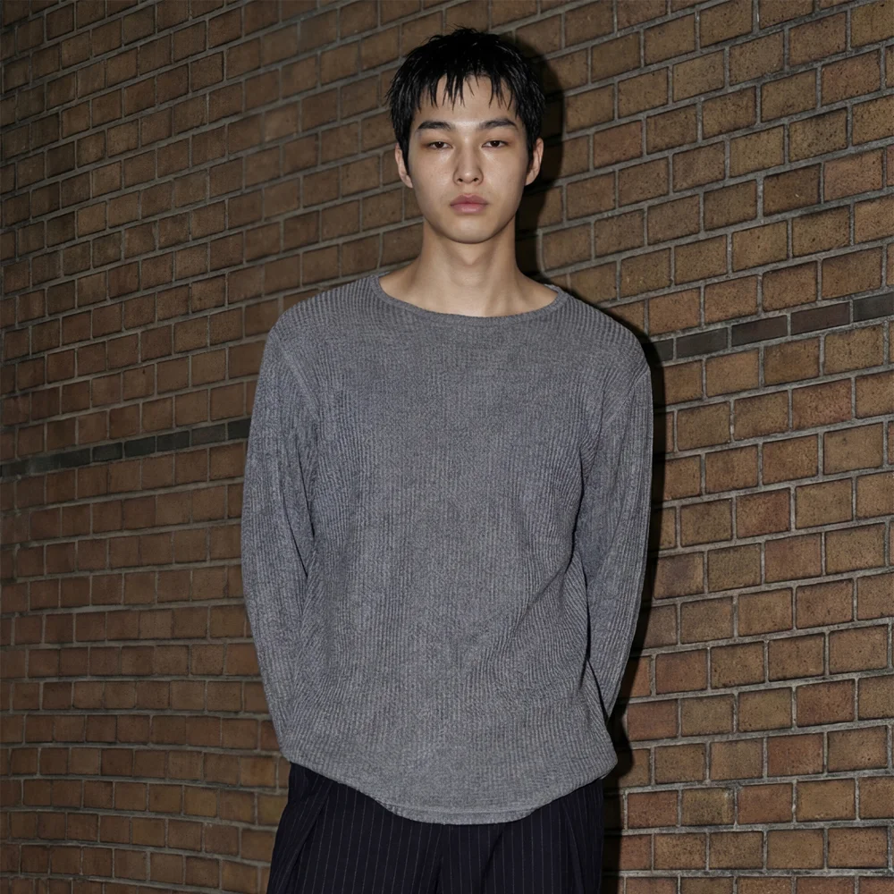 BOAT NECK FINGER HOLE LONG SLEEVE (CHARCOAL WAFFLE)