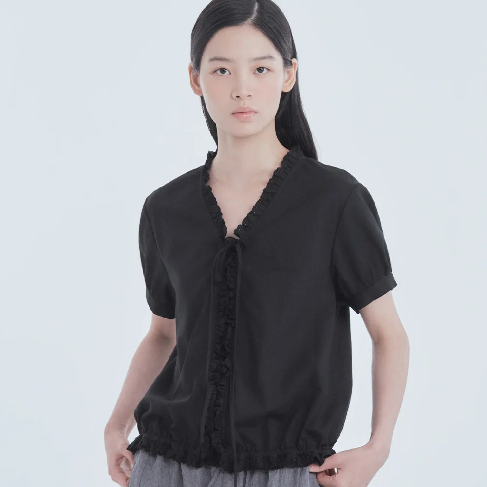 Ruffle Cotton Summer Blouse - Black