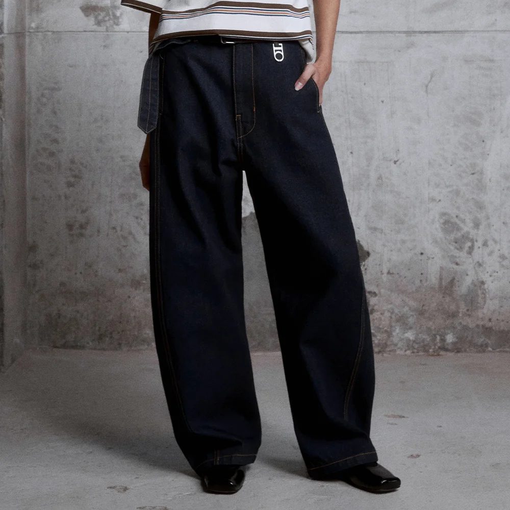 (W) Belted Wide-Curve Denim Pants (Indigo)