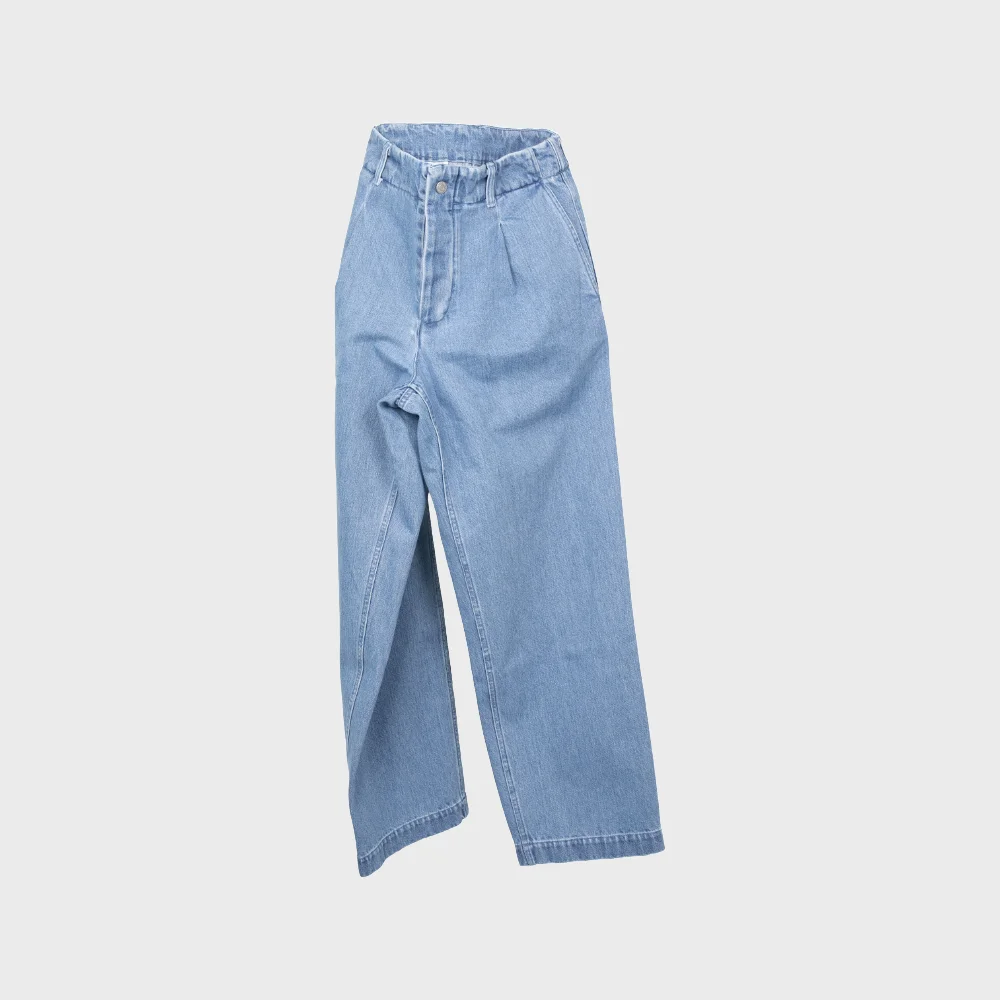 WASHED DENIM TUCKED TROUSERS