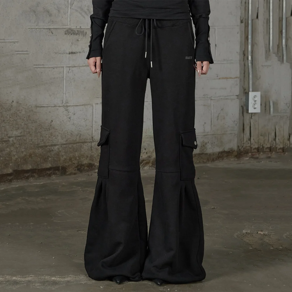 Pleated Lag Flare Pants - BLACK
