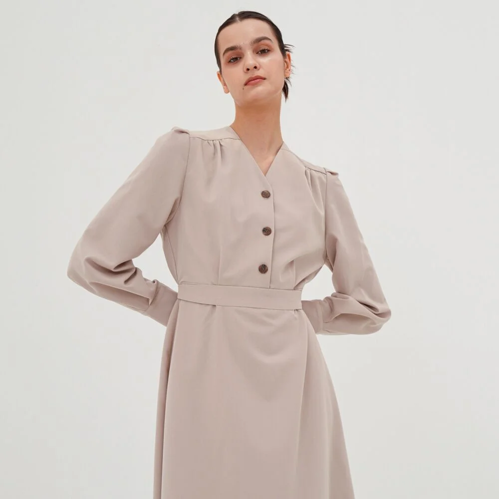 V-neck Long Sleeve Shirt Dress _Beige