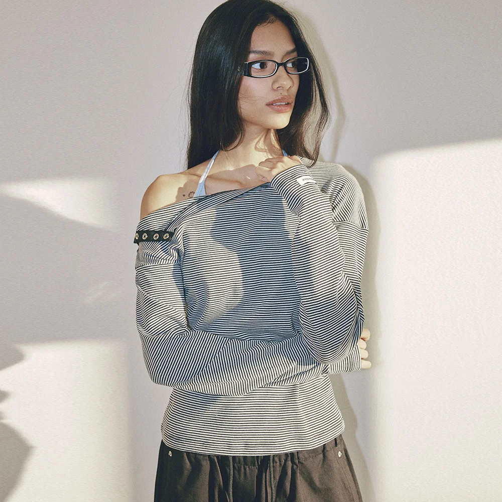 Stripe Snap Long Sleeve Top 黑色