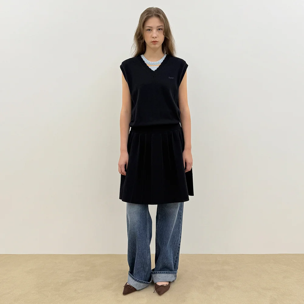 Wool-Blend Pleated Knit Dress (Navy)