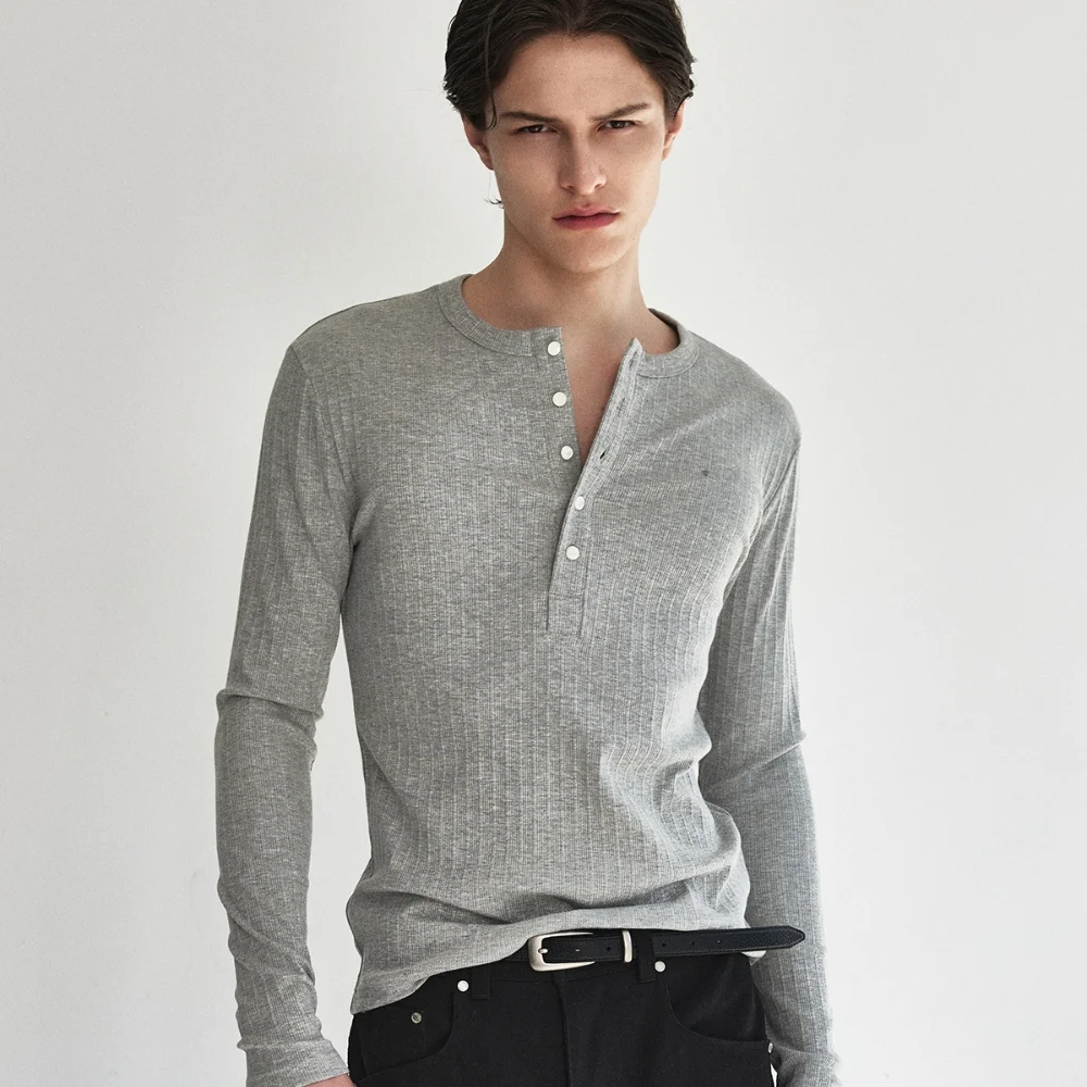 Fine Cotton Ribbed Henley Top_Grey