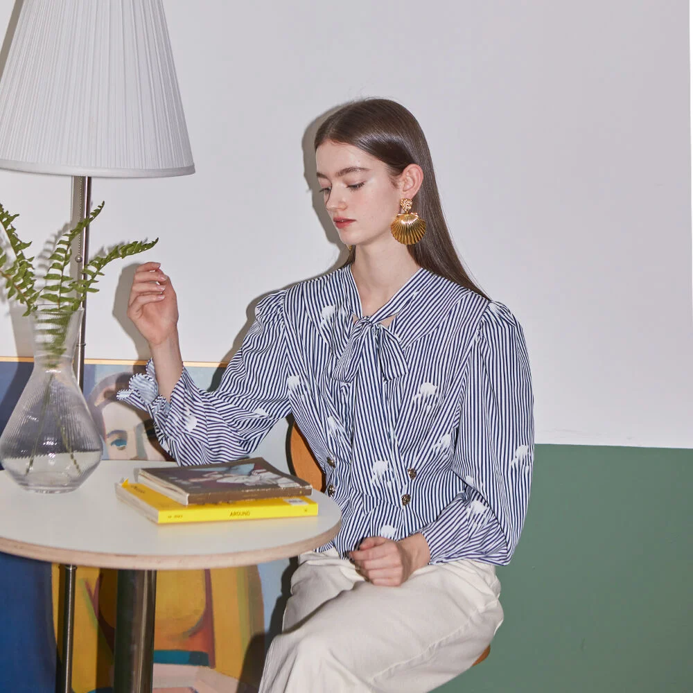 Ribbon Button Blouse (Stripe)