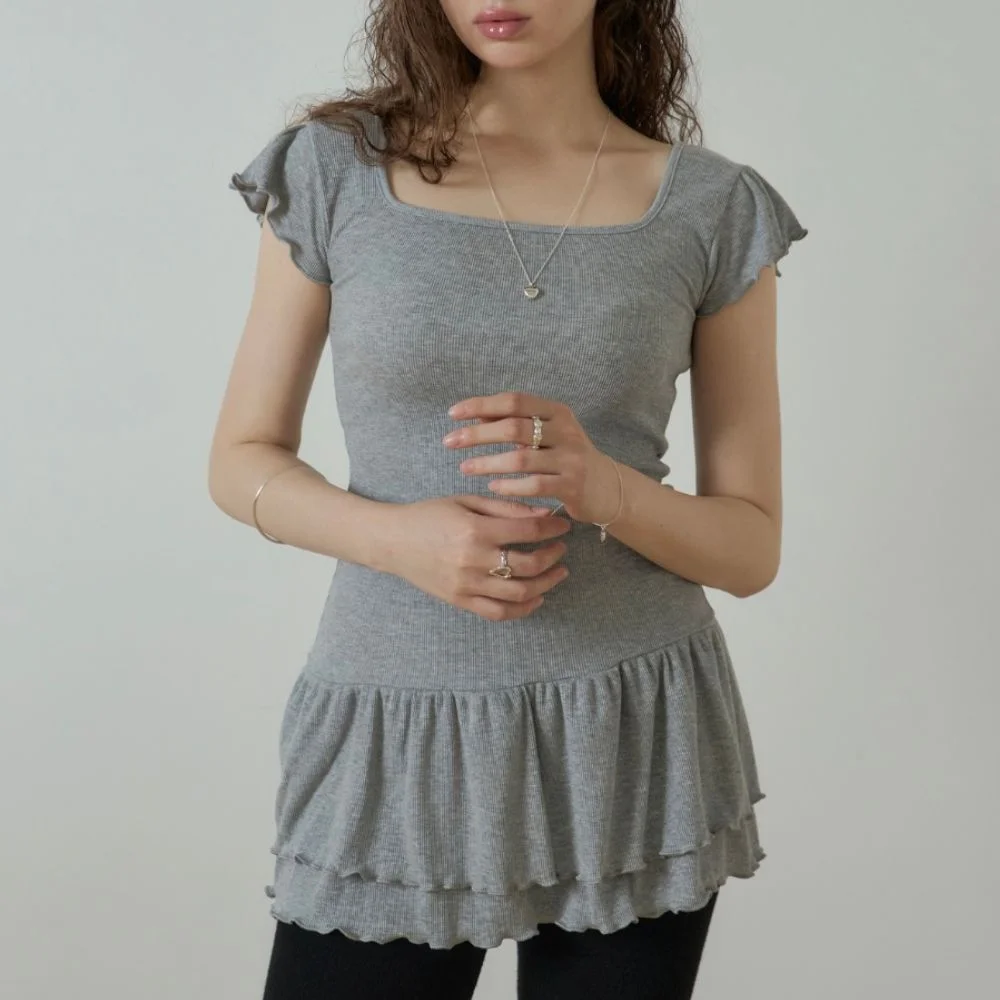 Square neck ruffle tee (grey)