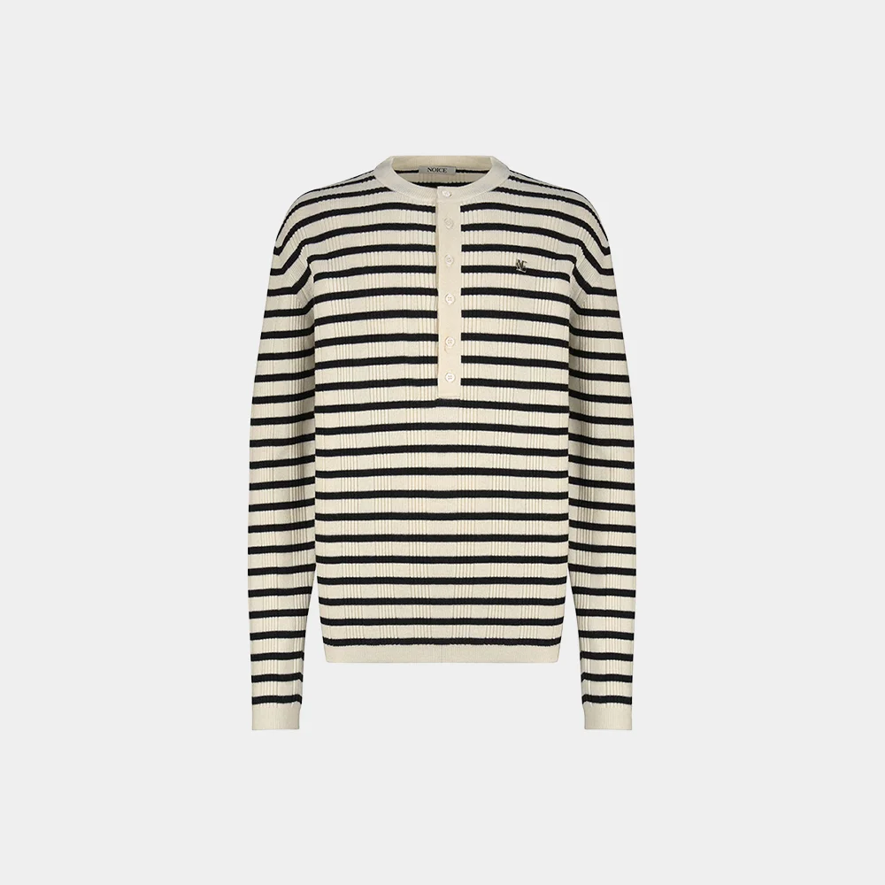 MERINO RIBBED HENLEY NECK KNIT TOP - STRIPE
