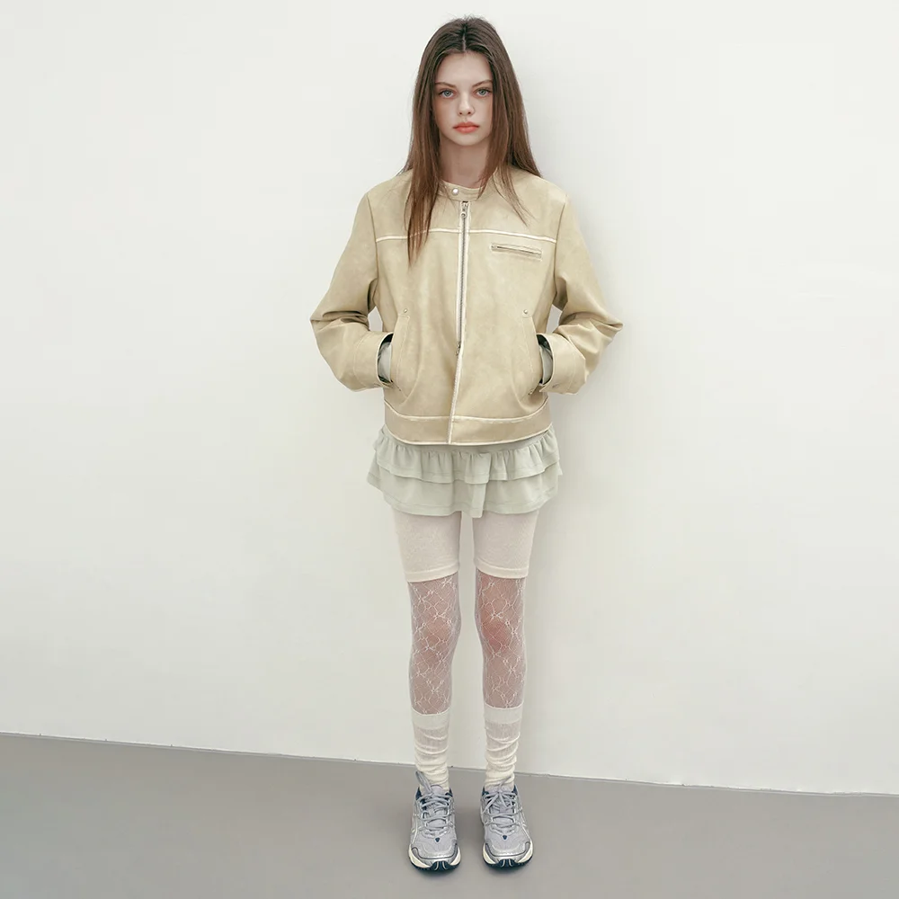 RIVET WASHED FAKE LEATHER JACKET (BEIGE)