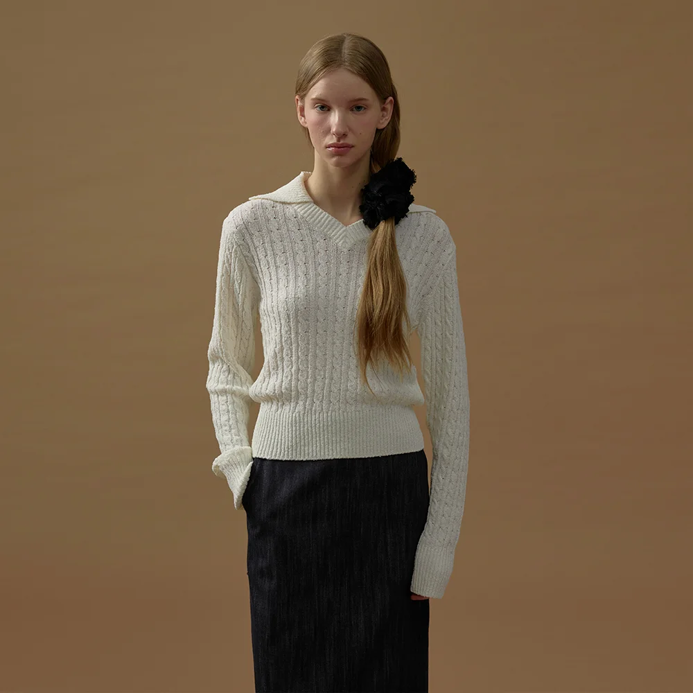 COLLAR CABLE BOUCLE KNIT(sand ivory)