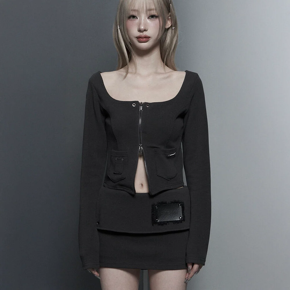Square Button Point Slim-Fit Long Sleeve Top (Dark gray)