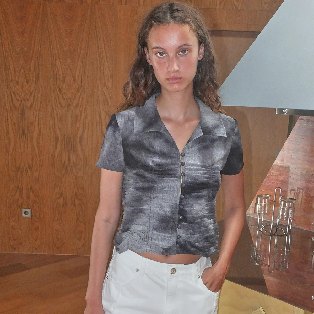 TIE DYE SHIRRING BLOUSE - GREY