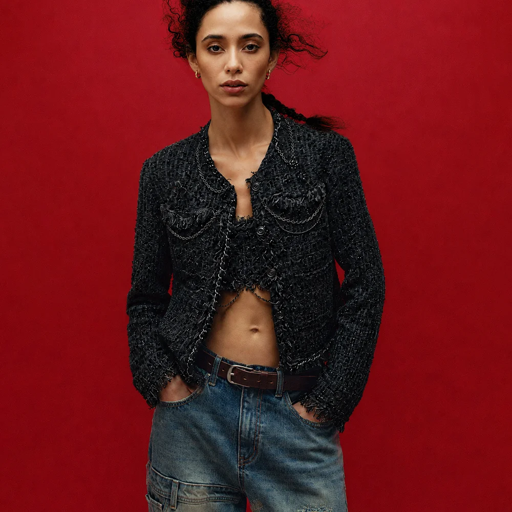 RAW CHAIN-EDGE TWEED JACKET (BLACK)