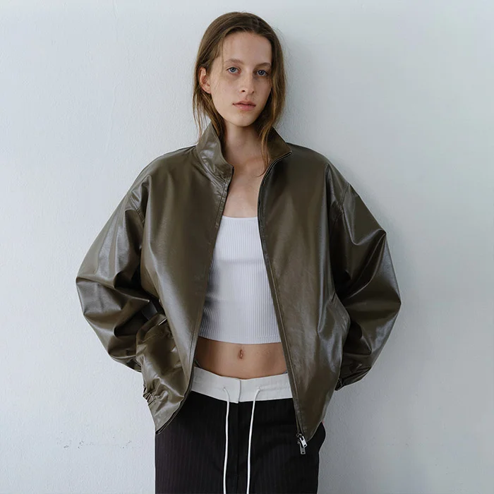 HIGH NECK LEATHER BLOUSON - KHAKI