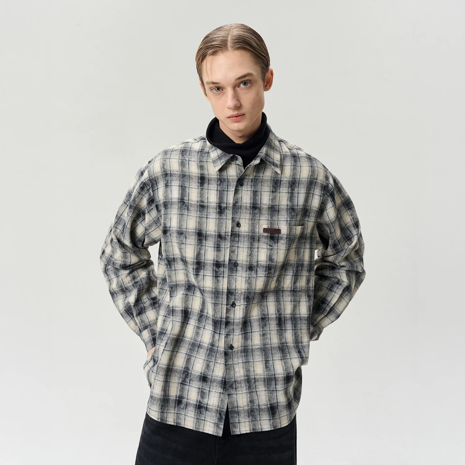 CHECKED COTTON SHIRT WASHED BLACK