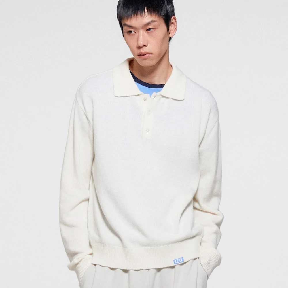 MEN WOOL BLEND POLO SWEATER - WHITE