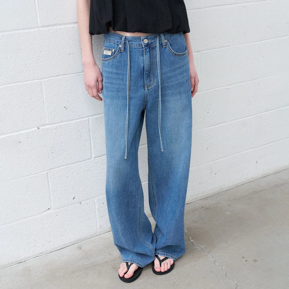 Wide string denim pants _Dark blue
