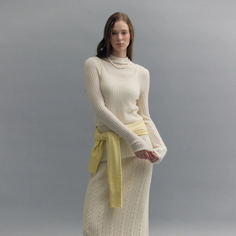 MOCK-NECK RIBBED LAYERED KNIT SET (sand ivory)