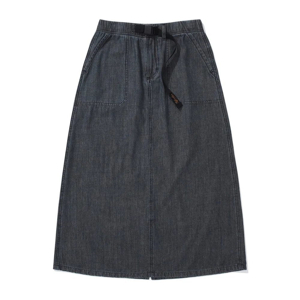 SL-LABEL BELTED DENIM LONG SKIRTS 黑色牛仔