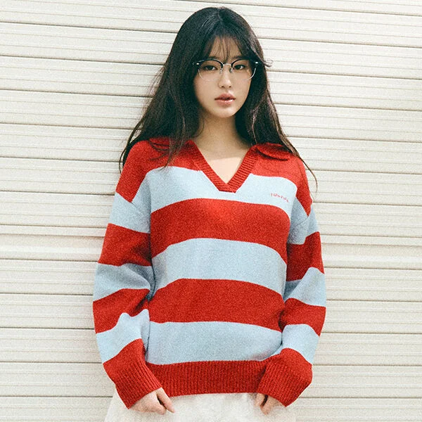 WOOL BLENDED COLLAR STRIPE BOARDER KNIT RD+BL