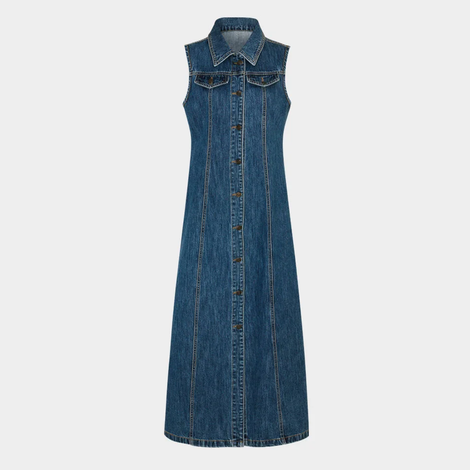 Classic Denim Sleeveless Dress (Blue)
